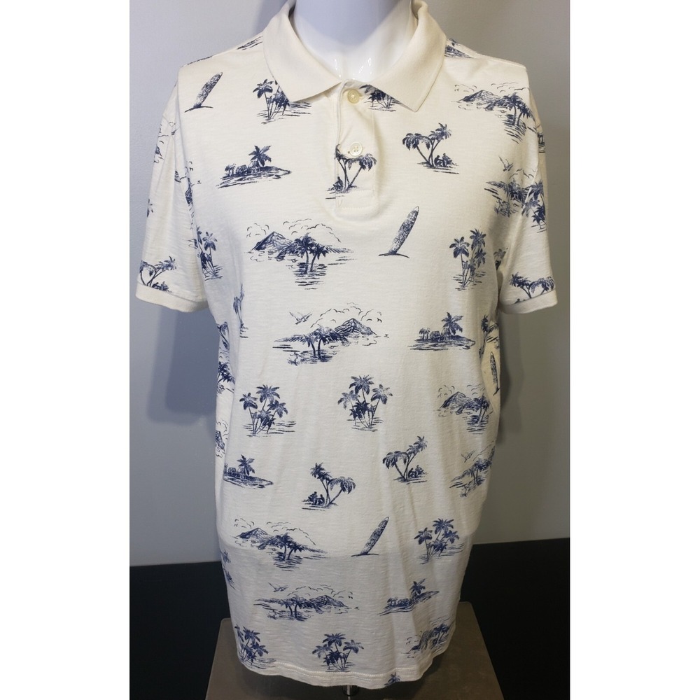 American Eagle Outfitters Mens Polo Shirt Lrg White Blue Tropical Island Casual